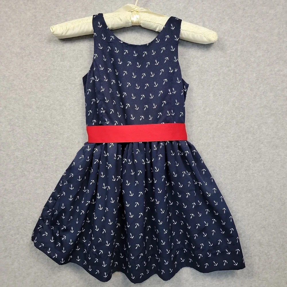 Polo Ralph Lauren Girls Anchor‎ Print Navy Twill Dress Red Ribbon Sz 5 Nautical